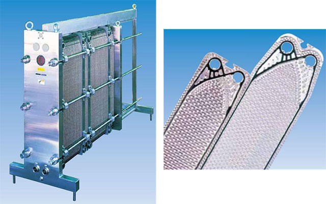 写真1. プレート式熱交換器(左)とプレート(右)